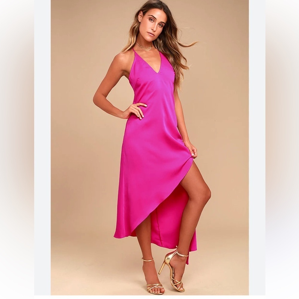 Adelyn Rae Oliana Magenta Midi Slip Dress V-Neck High-Low Wedding Guest Medium
